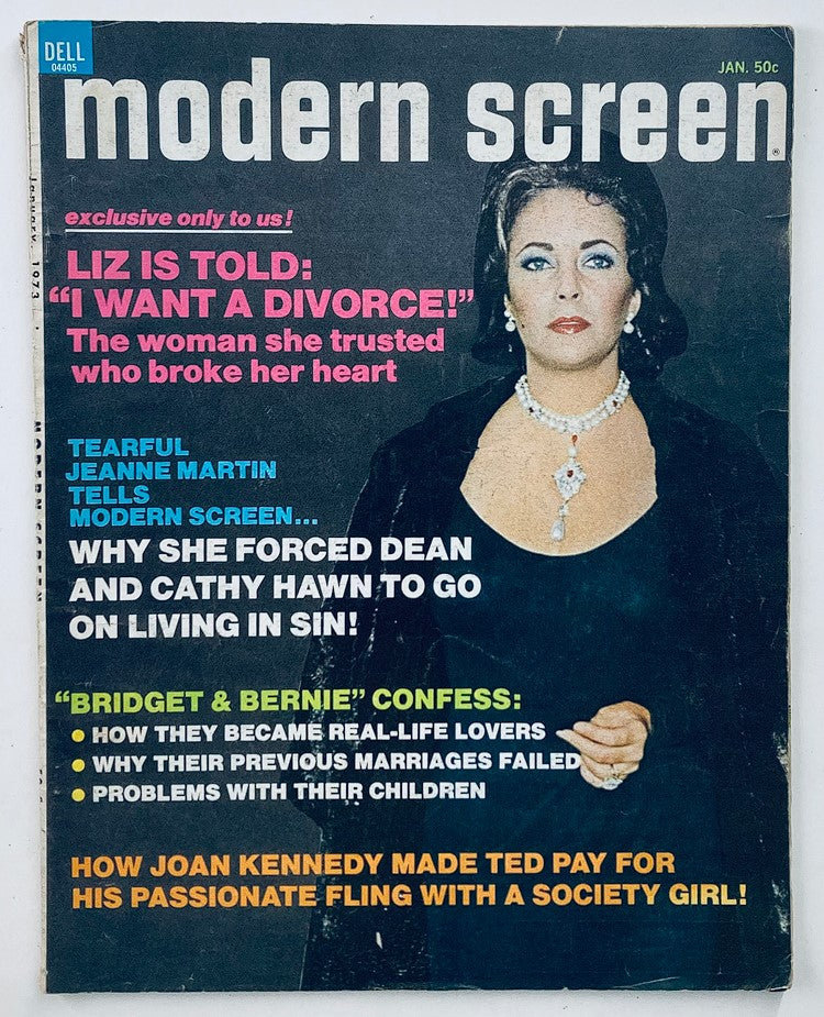 Cover of VTG Modern Screen Magazine January 1973 Vol 67 #1 featuring Elizabeth Taylor, showcasing dramatic headlines and a captivating image of the iconic actress.
