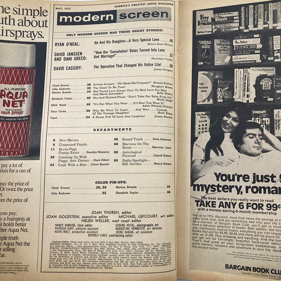 Inside pages of VTG Modern Screen Magazine May 1973 showcasing articles and features about Marlon Brando and other movie stories, part of America's greatest movie magazine.