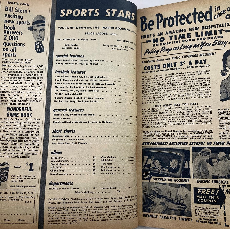 VTG Sports Stars Magazine February 1952 Gil Hodges and Babe Parilli No Label