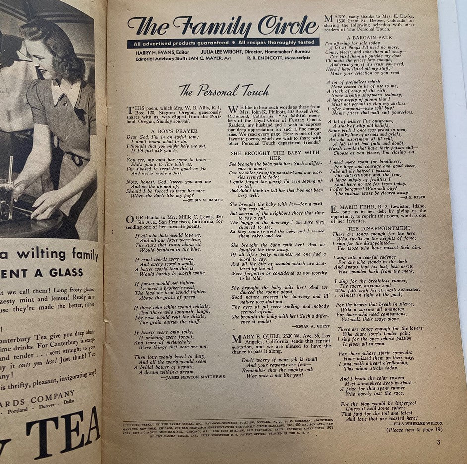 Inside page of The Family Circle Magazine, June 9, 1932, Vol 14 #23 featuring 'The Personal Touch' column. Includes a vintage layout highlighting various messages, with an emphasis on community themes and personal anecdotes, ideal for collectors and history enthusiasts.