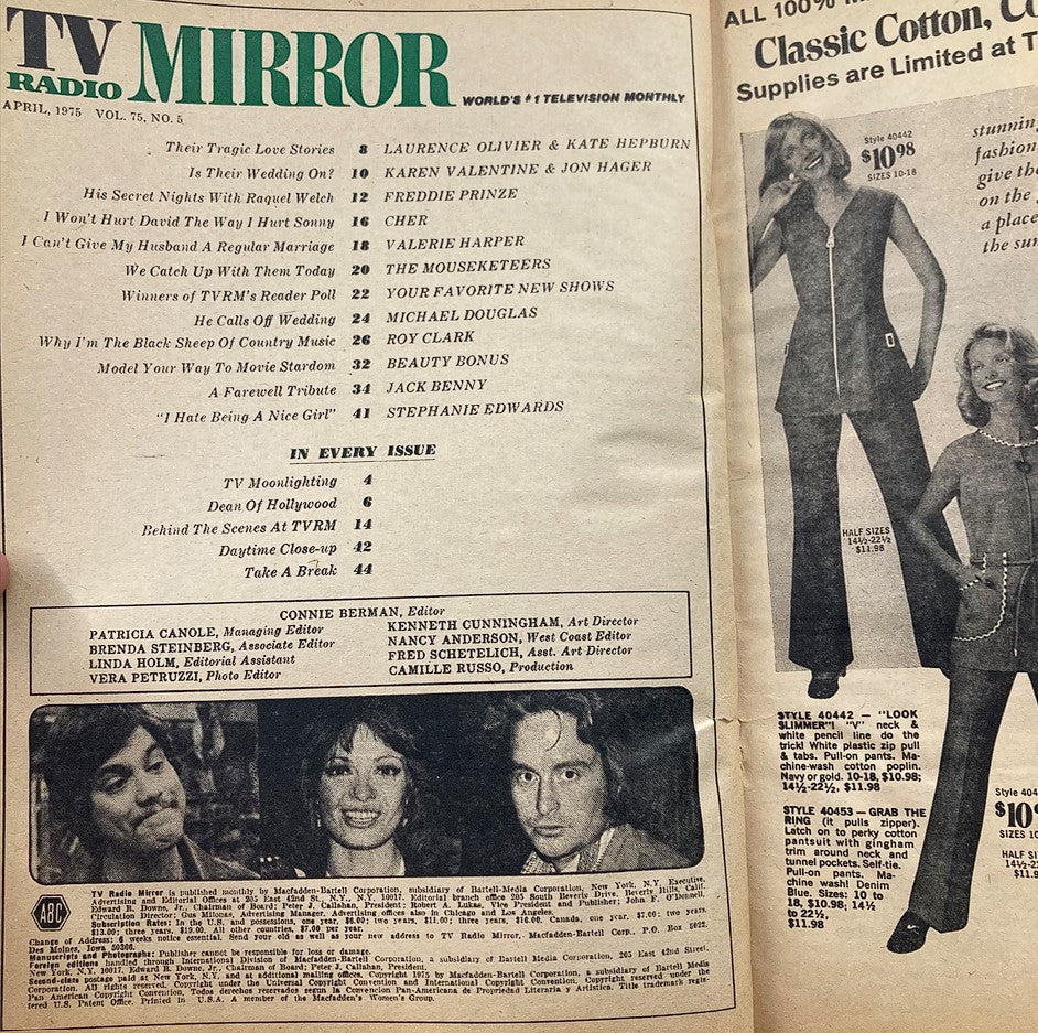 VTG TV Radio Mirror Magazine April 1975 Vol 75 #5 Cher & Valerie Harper No Label