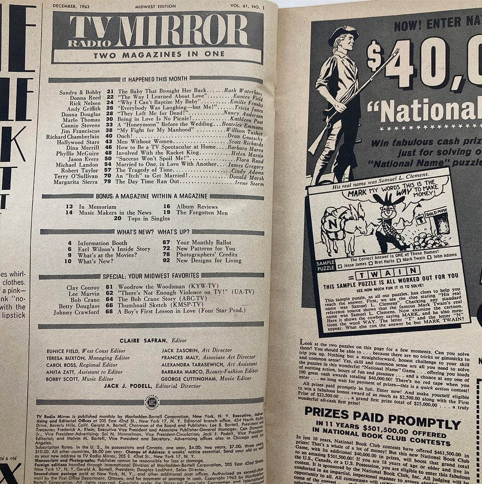 Interior page of the VTG TV Radio Mirror Magazine December 1963 Vol 61 #1 showcasing the magazine's content list, highlighting significant entertainment topics of the era.
