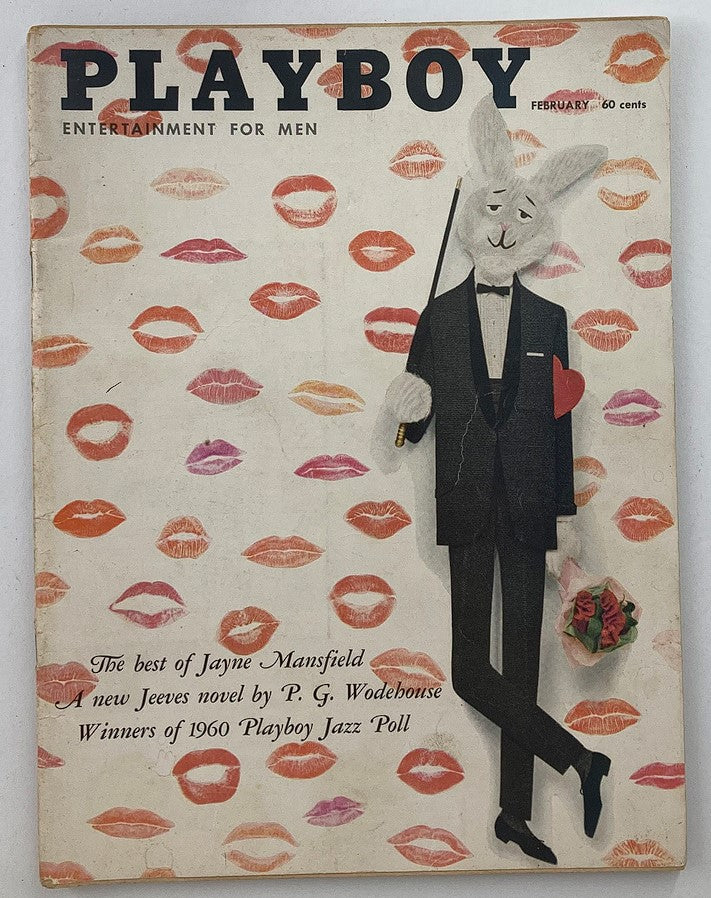 VTG Playboy Magazine February 1960 cover featuring whimsical bunny character among lipstick marks, showcasing entertainment and culture from the 1960s.