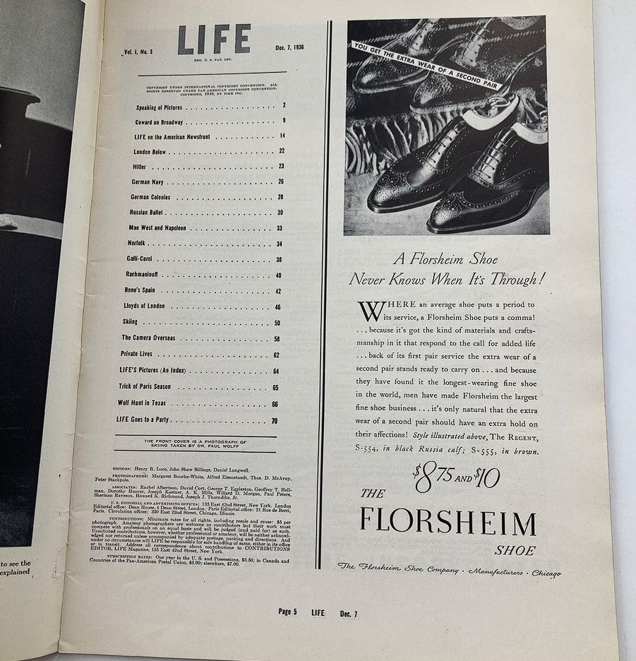 RES* VTG Life Magazine December 7 1936 Vol 1 #3 A Photograph of Skiing Taken