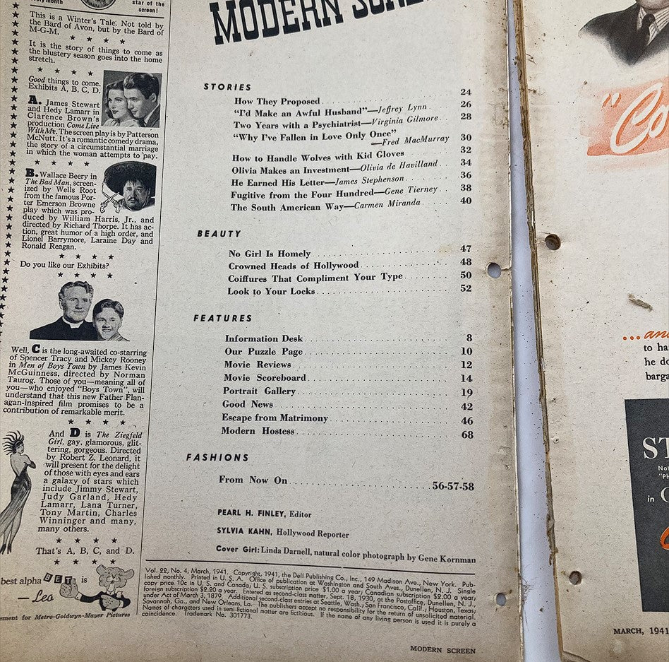 VTG Modern Screen Magazine March 1941 Vol 22 #4 Linda Darnell No Label