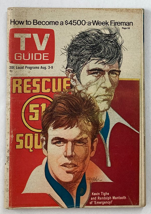 TV Guide Magazine August 3 1974 Randolph Mantooth WA Baltimore Edition featuring cover art with Randolph Mantooth and Kevin Tighe from the show 'Emergency!'