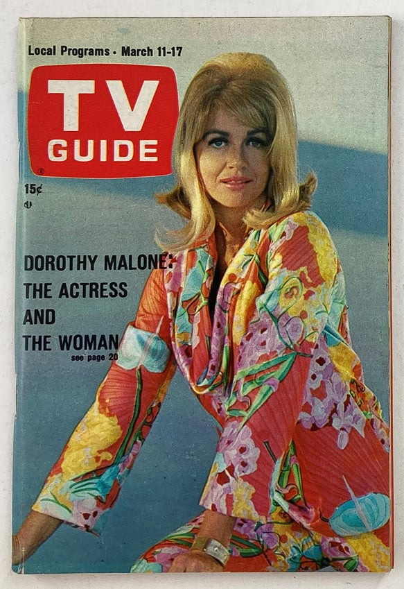 TV Guide Magazine March 11 1967 Cover featuring Dorothy Malone, showcasing vibrant floral design and the headline 'Dorothy Malone: The Actress and The Woman'.