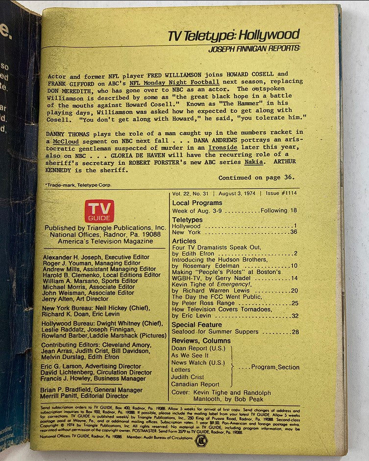 TV Guide Magazine August 3 1974 Randolph Mantooth WA Baltimore Edition back cover showing TV Teletype Hollywood section and publication details.