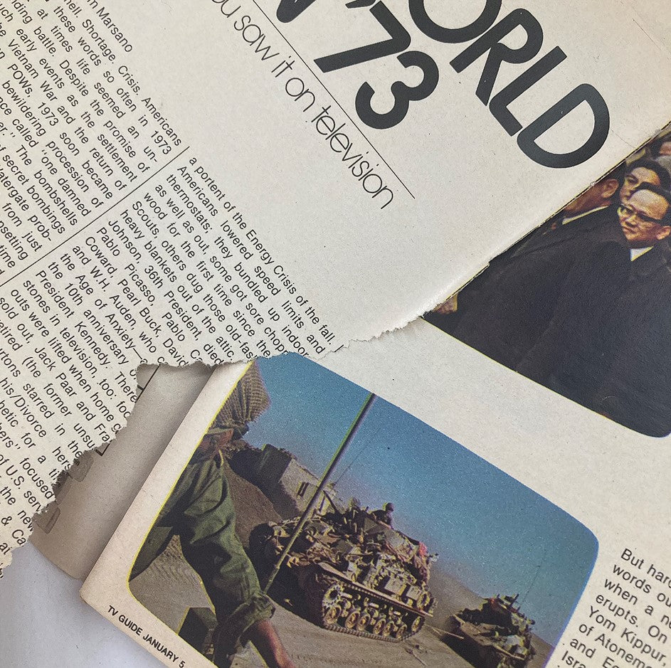 Inside page of TV Guide Magazine January 5 1974 displaying articles and images related to global events as viewed on television in 1973, highlighting a torn edge that adds to its vintage character.