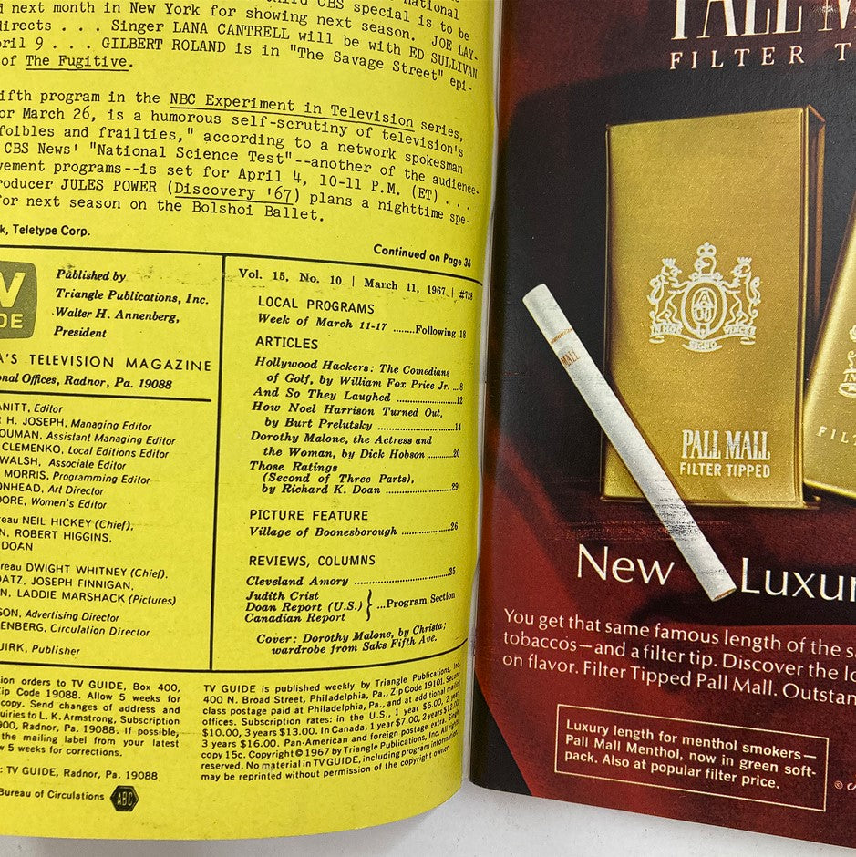 Inside page of TV Guide Magazine March 11 1967, displaying local programs and articles with details related to television broadcasts from that era.