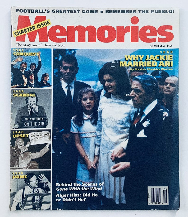 Cover of VTG Memories Magazine Then & Now Fall 1988 Vol 1 #2 showcasing Jackie Kennedy and Ari Onassis, featuring articles on historical events and cultural insights from the late 1980s.