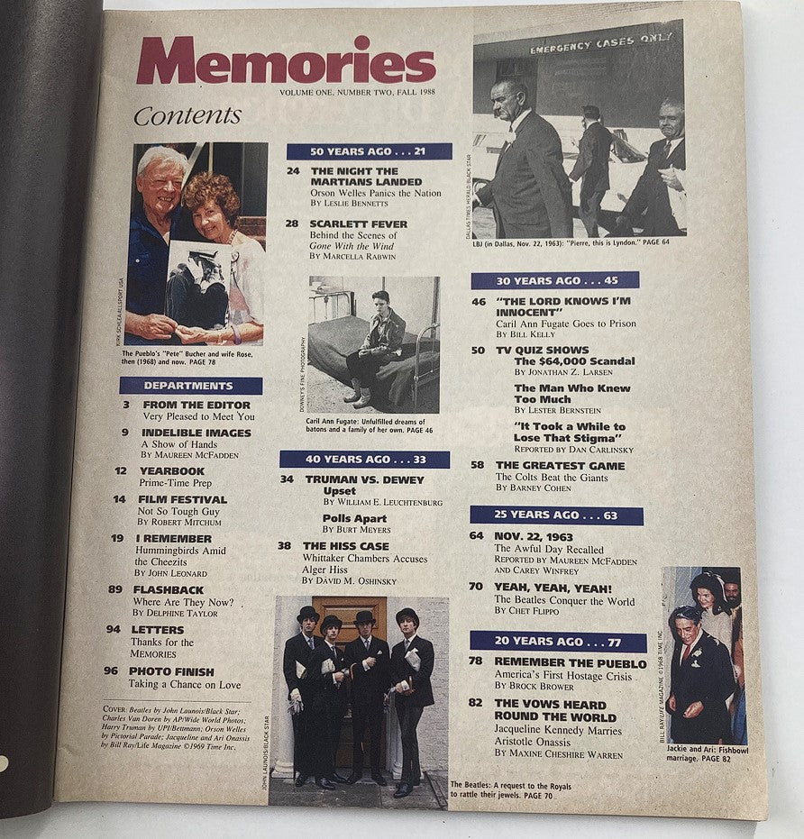 Contents page of VTG Memories Magazine Then & Now Fall 1988 Vol 1 #2, listing featured articles and departments including historical reflections and cultural themes.