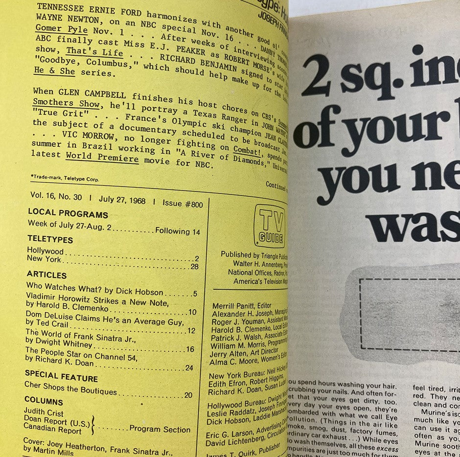 Inside page of TV Guide Magazine July 27 1968, displaying articles and features including local programs and a profile on Frank Sinatra Jr.
