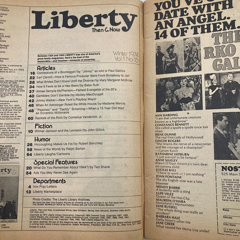 Interior page of VTG Liberty Magazine Then & Now Winter 1974, showcasing the contents including 'Confessions of a Bootlegger' and other featured articles.