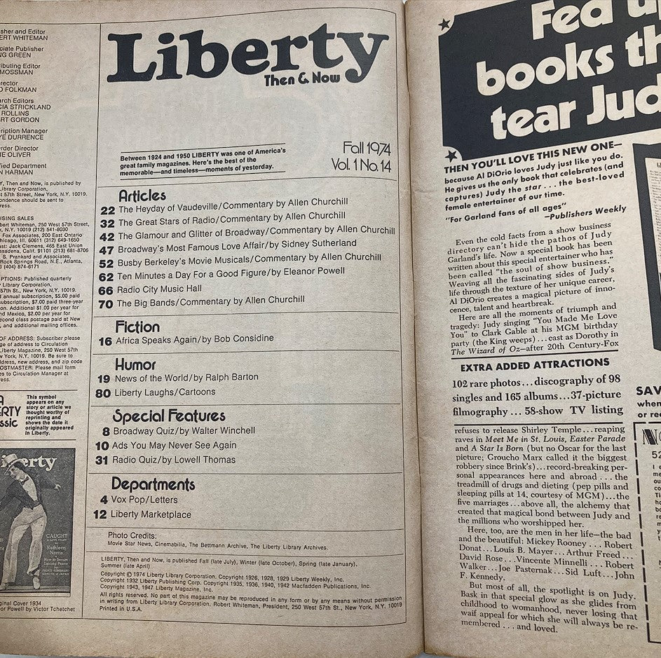 Inside page of VTG Liberty Magazine Then & Now Fall 1974 Vol 1 #14, showcasing the table of contents with a list of articles on vaudeville, radio, and musicals, reflecting the cultural dynamics of the 1970s.