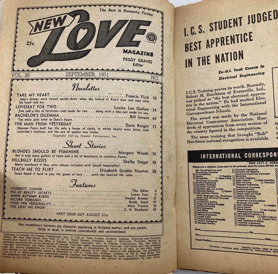 VTG New Love Magazine September 1951 Vol 30 #1 Take My Heart No Label