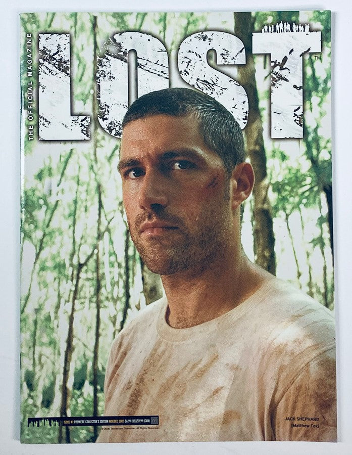 Cover of Lost The Official Magazine October 2005 featuring Matthew Fox as Jack Shephard in a forest setting, highlighting the show's iconic imagery.