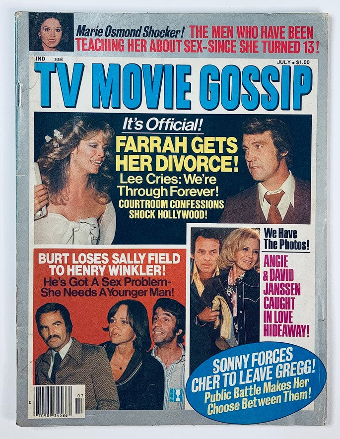 Cover of VTG TV Movie Gossip Magazine July 1977 Vol 1 #11 featuring headline about Farrah Fawcett's divorce, with images of prominent stars and gossip news.