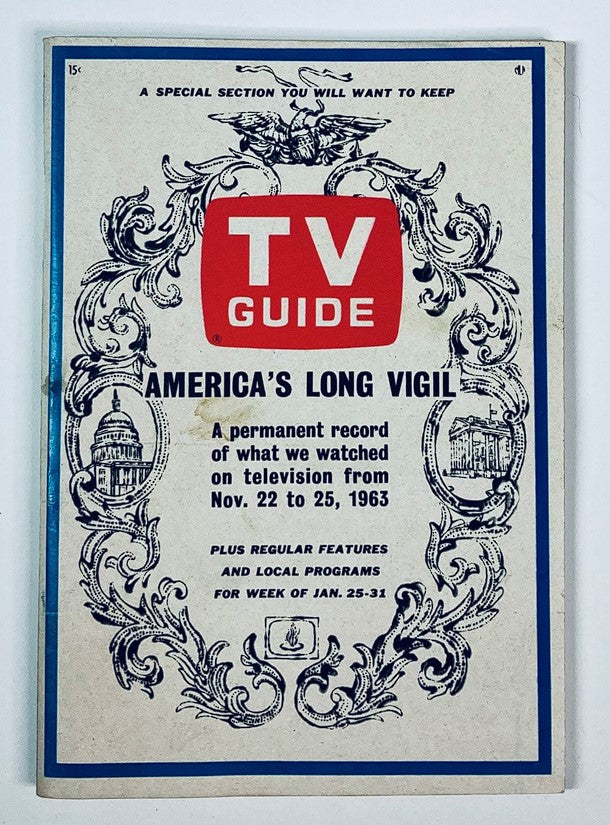 Cover of TV Guide Magazine January 25, 1964, Issue #565, featuring the title 'America's Long Vigil' and decorative designs, showcasing television history.