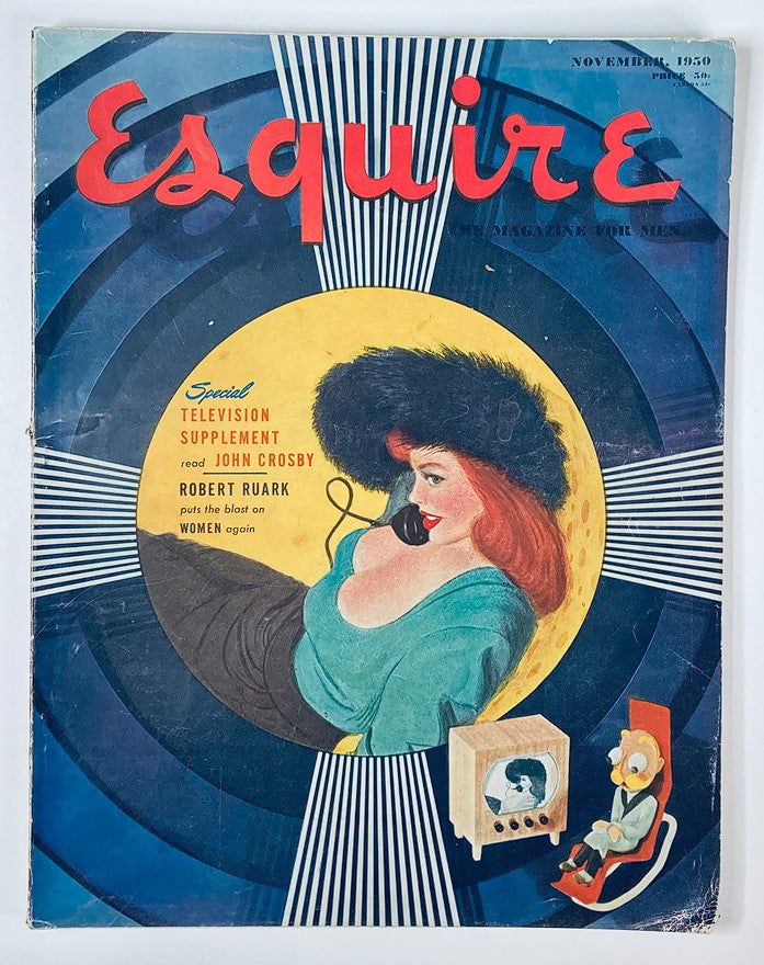 Cover of VTG Esquire Magazine November 1950 No. 204 featuring an illustration of a woman with a telephone, showcasing artwork by John Crosby and Robert Ruark.