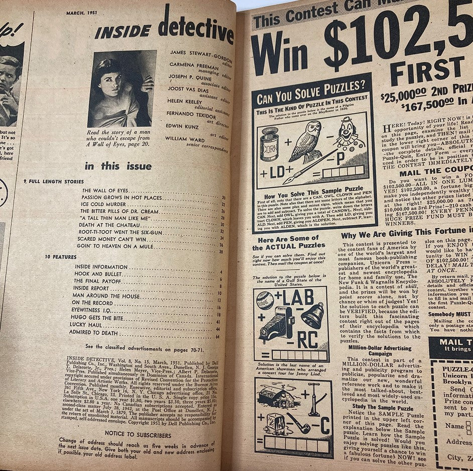 VTG Inside Detective Magazine March 1951 The Wall of Eyes No Label