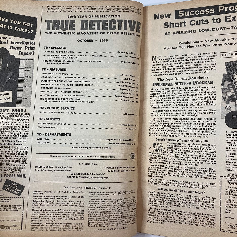 VTG True Detective Magazine October 1959 The Mauch Mystery No Label