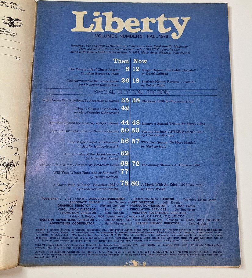 Inside page of VTG Liberty Magazine Fall 1976 Vol 2 #3 showing the contents list including features on Ginger Rogers and Jimmy Stewart.