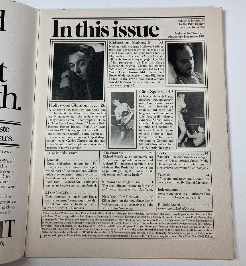 Interior page from the Film Comment Magazine dated November 1980, Volume 16, Issue #6 featuring an editorial layout highlighting articles, including topics on Hollywood glamour, film critiques, and profiles of notable figures in cinema, including Robert De Niro, aligned with the magazine's striking cover.