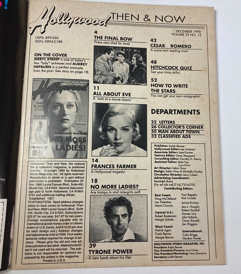 VTG Hollywood Studio Magazine Then & Now December 1990 Meryl Streep, Grace Kelly