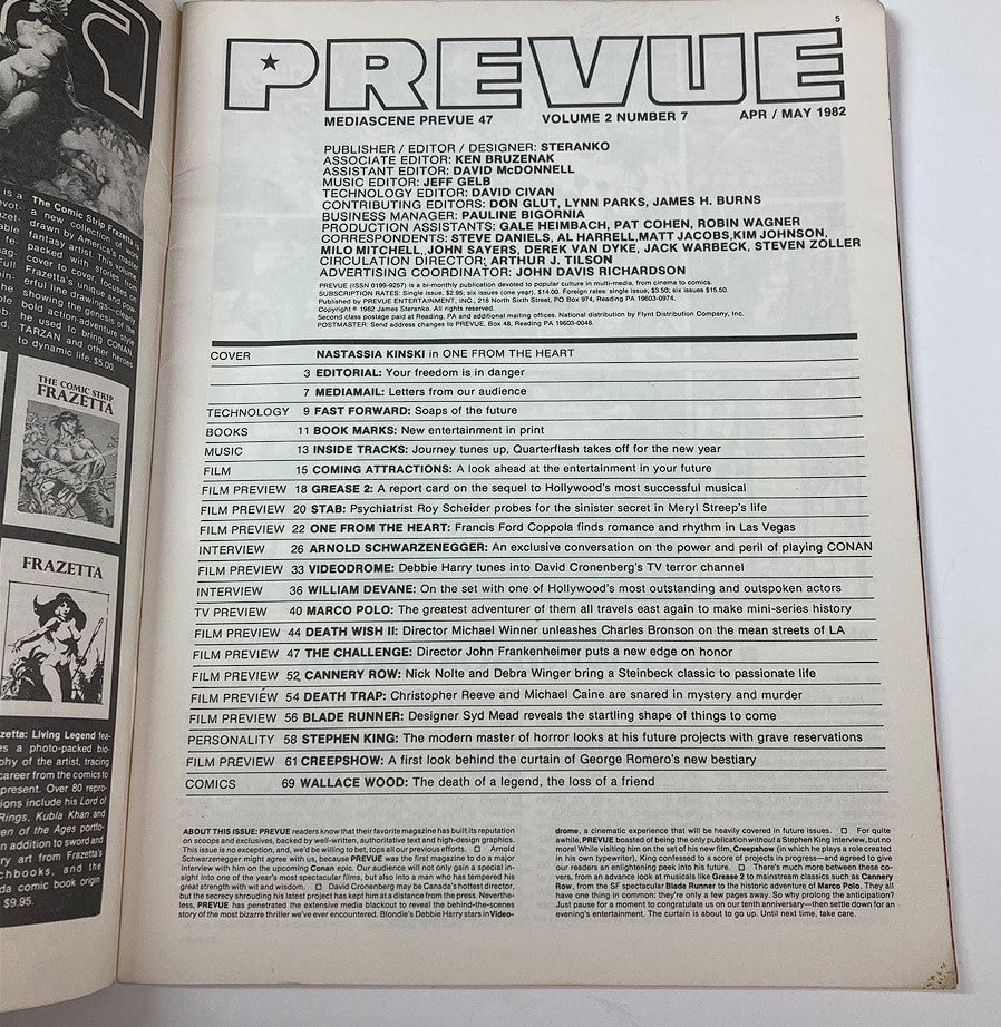Inside page of VTG Prevue Magazine April 1982 Vol 2 #7 detailing the magazine's contents, highlighting Nastassia Kinski and various articles from the era.