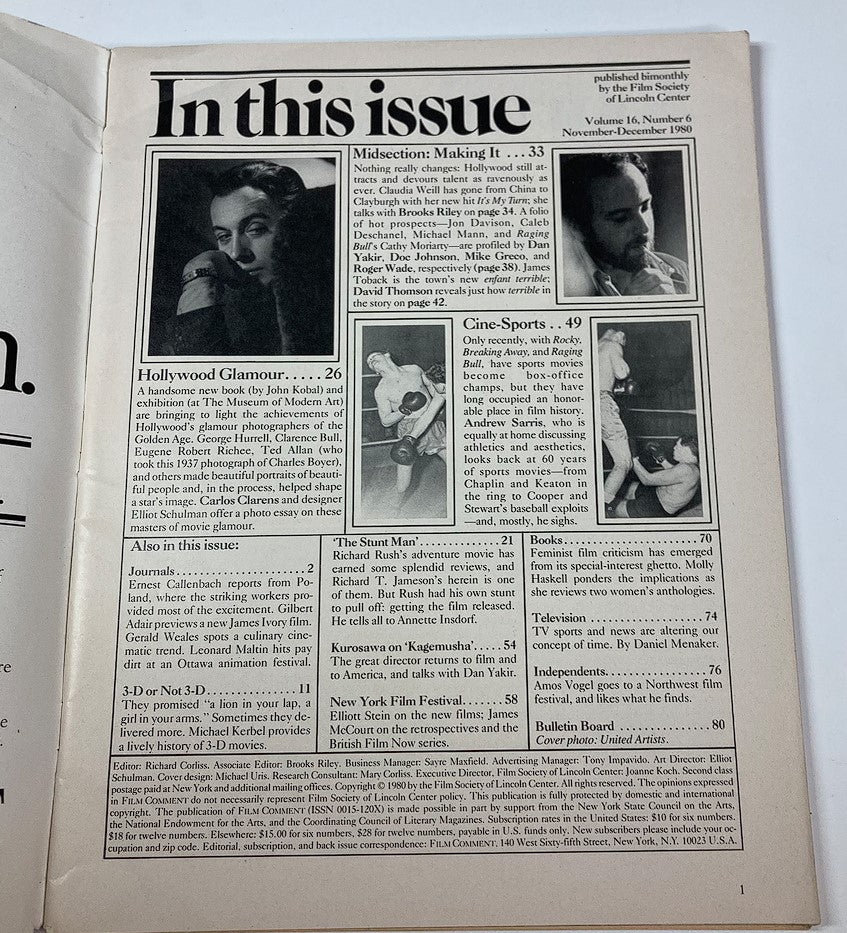 Inside page of VTG Film Comment Magazine November 1980 Vol 16 #6, detailing the contents of the issue, including articles on Hollywood glamour and cine-sports.