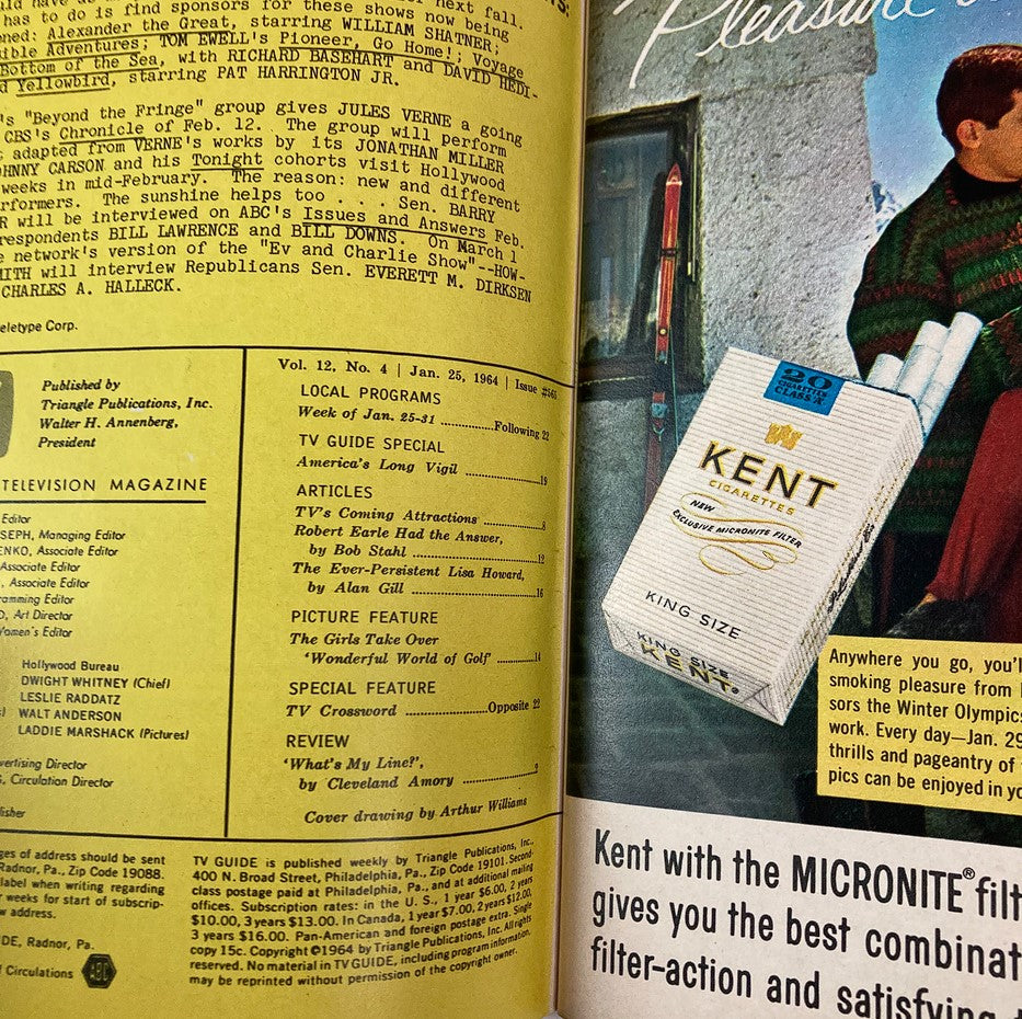 Inside page of TV Guide Magazine January 25 1964 Issue #565 featuring articles, local programs, and an advertisement for Kent Cigarettes.