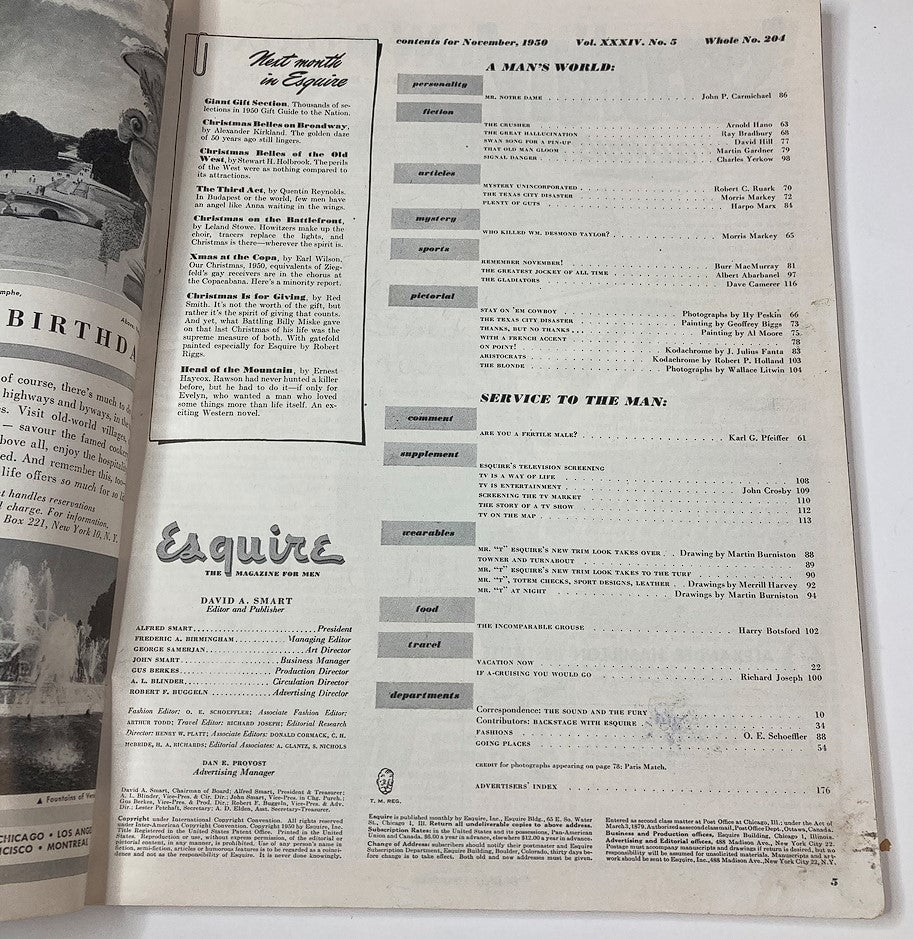 Table of contents page from VTG Esquire Magazine November 1950 No. 204, listing featured articles and contributors, including John Crosby and Robert Ruark.