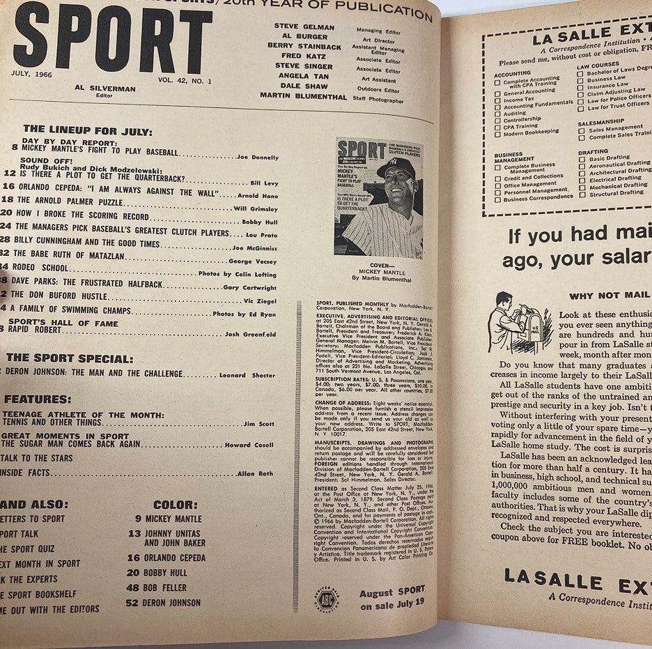 VTG Sport Magazine July 1966 Vol 42 #1 Mickey Mantle Fight To Play No Label