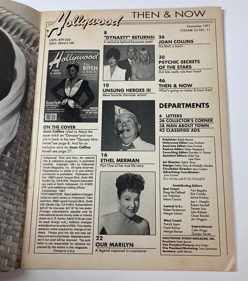 Hollywood Studio Magazine Then & Now November 1991 Joan Collins, Ethel Merman