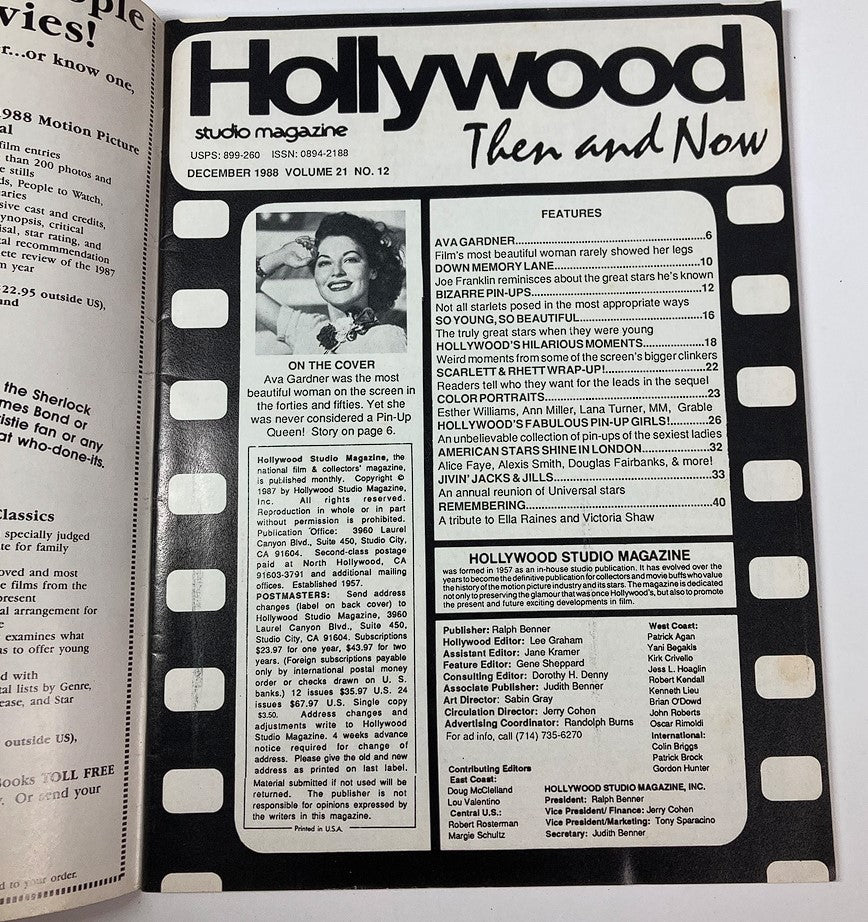 Inside page of VTG Hollywood Studio Magazine Then & Now December 1988, detailing Ava Gardner's feature with a tribute to her status as one of Hollywood's most beautiful actresses, along with an overview of articles in the magazine.