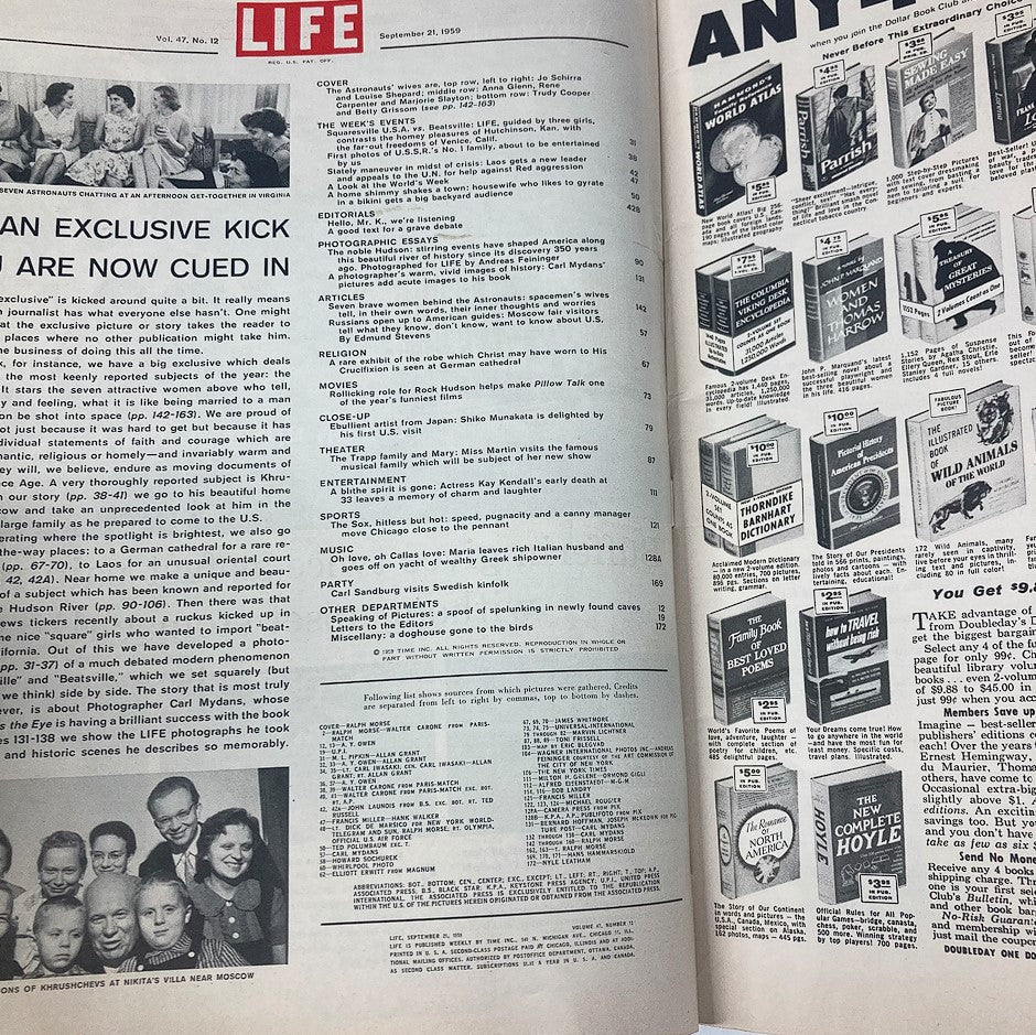 Inside pages of VTG Life Magazine September 21, 1959, displaying the magazine's table of contents with highlights and articles from that era.