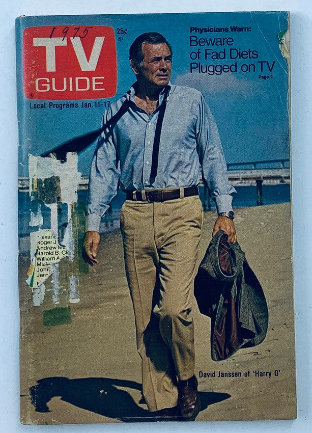 Cover of TV Guide Magazine January 11 1975, issue #1137 featuring David Janssen on the beach, showcasing classic 70s television culture and nostalgia.