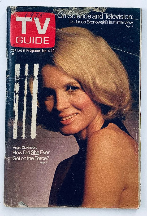 TV Guide Magazine January 4, 1975, Issue #1136 featuring Angie Dickinson on the cover, showcasing vintage magazine design with prominent titles and imagery related to 1970s television.