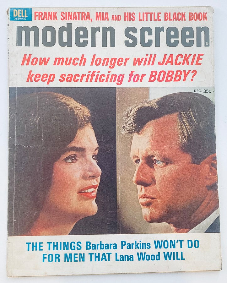 Vintage Modern Screen Magazine cover from December 1966 featuring Jackie Kennedy and Bobby Kennedy with the headline asking how much longer Jackie will sacrifice for Bobby. A historical reflection of the era's celebrity culture.