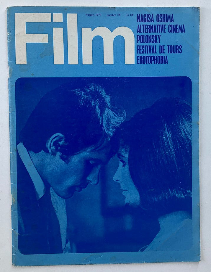 Cover of the vintage magazine 'Film' Spring 1970 featuring a striking blue design, showcasing two figures in profile; perfect for Elizabeth Taylor and Warren Beatty fans and vintage magazine collectors.