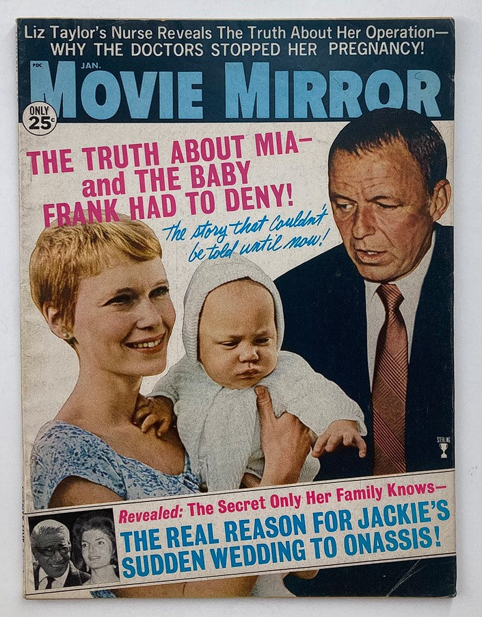Cover of VTG Movie Mirror Magazine January 1969, Volume 13 Issue 3 featuring Mia Farrow and Frank Sinatra alongside a baby, highlighting articles and stories from the late 1960s.