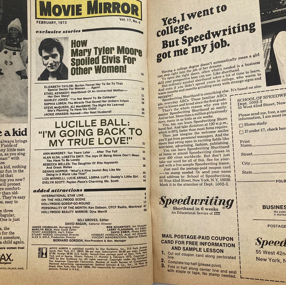 VTG Movie Mirror Magazine February 1973 Vol 17 #4 Ethel Kennedy No Label