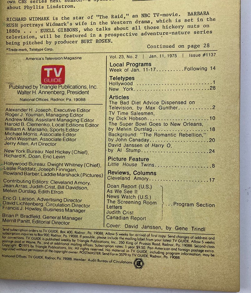 Back cover of TV Guide Magazine January 11 1975, issue #1137, detailing articles and local programming for the week, adding historical context to this vintage publication.