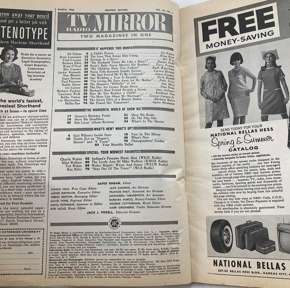 VTG TV Radio Mirror Magazine March 1966 Jackie Kennedy and Dan Blocker