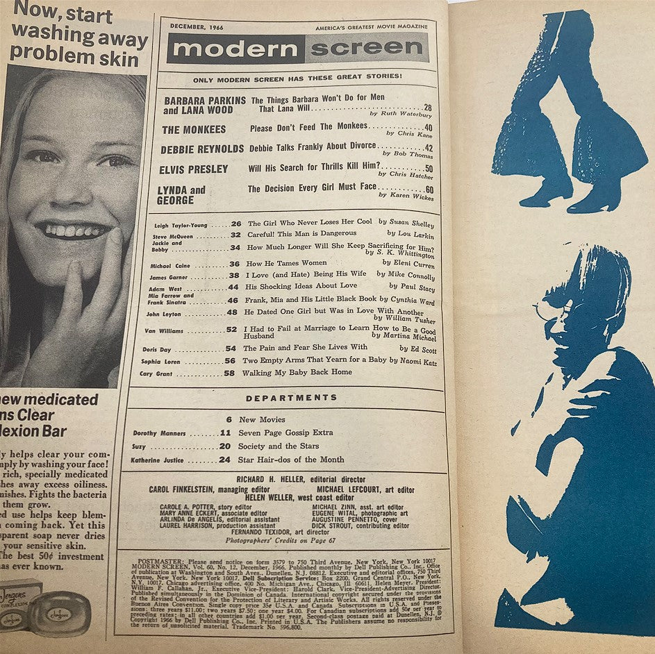 Interior page of the December 1966 Modern Screen Magazine showcasing article titles including Barbara Parkins and Lana Wood, The Monkees, and Elvis Presley, representing pop culture of the 1960s.
