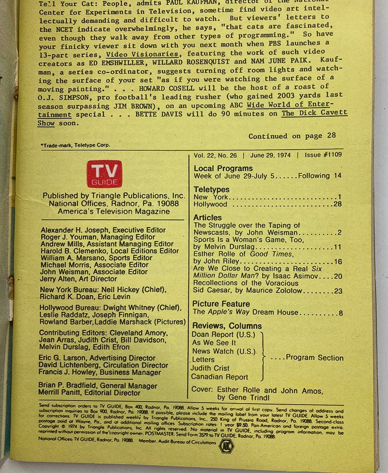 TV Guide Magazine June 29 1974 Esther Rolle, John Amos New Hampshire Ed.