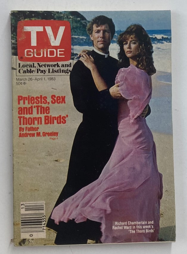 TV Guide Magazine cover dated March 26-April 1, 1983 featuring Richard Chamberlain and Rachel Ward, highlighting 'Priests, Sex and The Thorn Birds'.