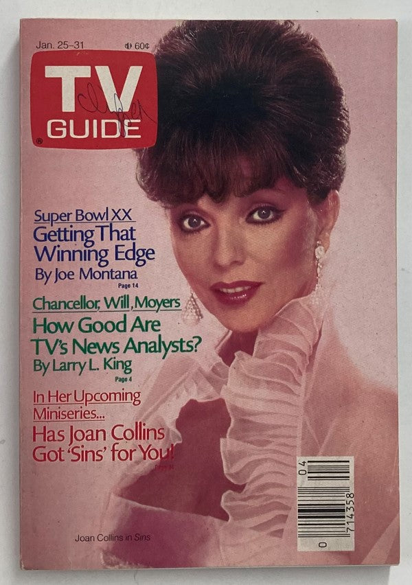 TV Guide Magazine January 25 1986 featuring Joan Collins on the cover, showcasing her elegant fashion and referencing her role in the upcoming miniseries, stylized in a glamorous 1980s aesthetic.