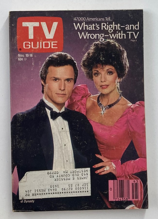 TV Guide Magazine November 10 1984 Michael Nader, Joan Collins Providence Ed.